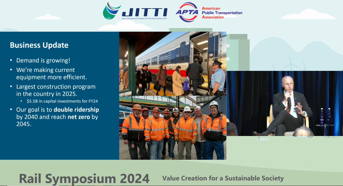 @Amtrak @mattbyford1234 @APTA_Transit @JITTIUSA @CA_Trans_Agency @APTA_info 'Demand is growing and our goal is to double 🚆 ridership by 2040.' - Andy Byford at the JITTI-APTA Rail Symposium

#passengerexperience #connectedjourney 📱🛜💻