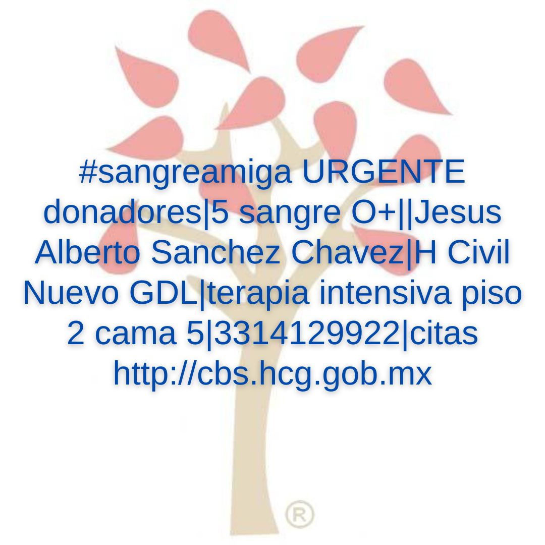 #sangreamiga URGENTE donadores|5 sangre O+||Jesus Alberto Sanchez Chavez|H Civil Nuevo GDL|terapia intensiva piso 2 cama 5|3314129922|citas cbs.hcg.gob.mx