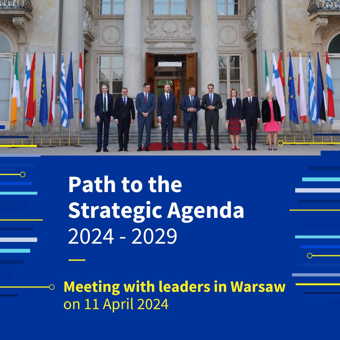 The EU faces massive challenges.  We are putting the EU on more solid footing in 3 key areas:
 
1. A more competitive Europe
2. A more defence-ready Europe
3. A freer, more democratic Europe
 
In Warsaw 🇵🇱🇪🇪🇬🇷🇫🇮🇮🇪🇱🇺🇪🇸 leaders discussed the next steps of our #StrategicAgenda for