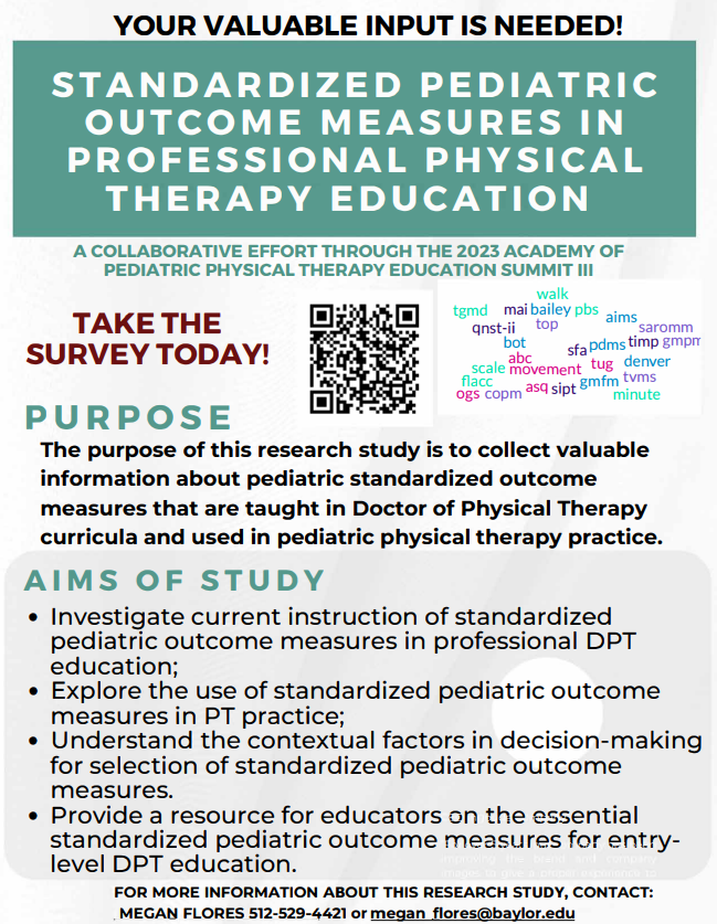 Pediatric PT clinicians and educators, we need your help! Consider filling out our survey on standardized outcome measures #pedipt #dpt baylor.qualtrics.com/jfe/form/SV_3Z…