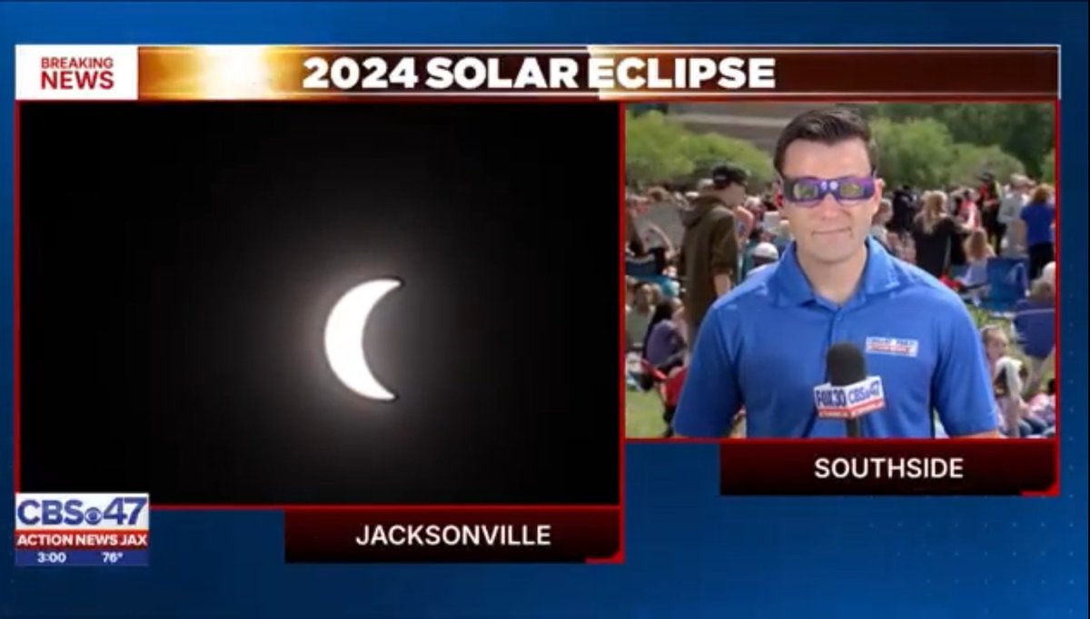 In case you missed it — I was on eclipse duty this week! 🌕🌗🌑 Got to throw on my @ActionNewsJax eclipse glasses and talk about space on TV for 10 minutes straight. First time doing it, but @wxgarrett helped tag-team our live coverage from @UofNorthFlorida! 🌙