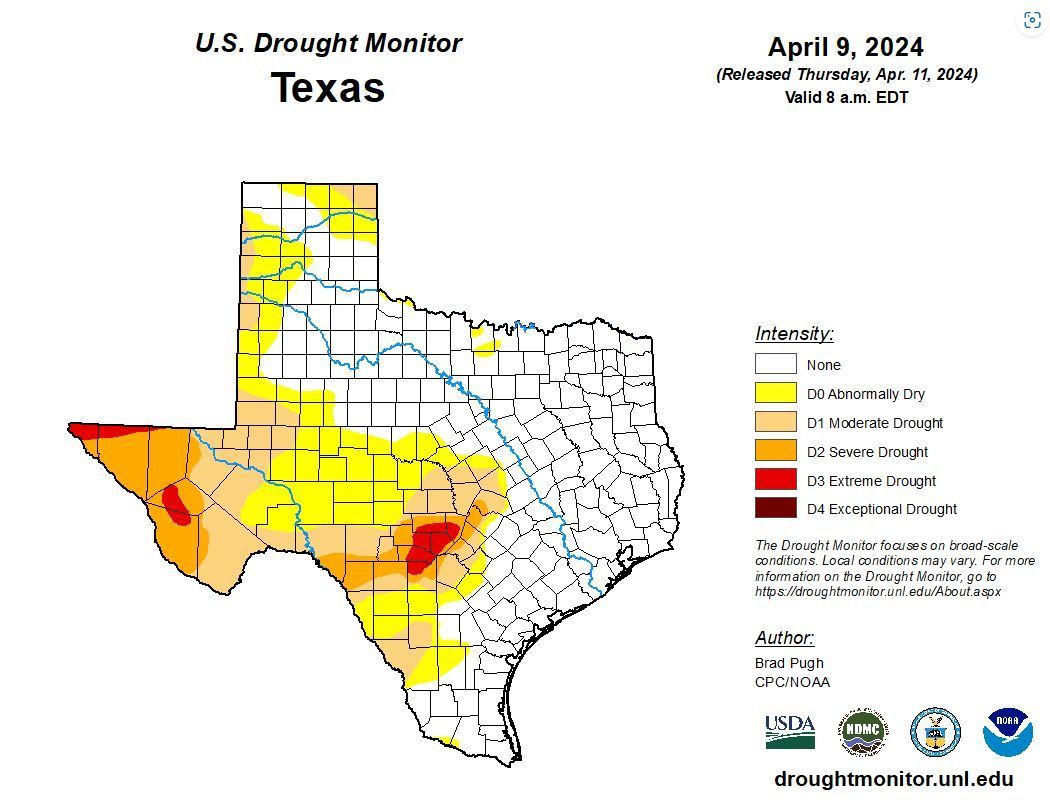 Drought conditions in Texas: - 9.85% of Texas in severe or worse drought - 1.97% in extreme or worse drought - 0% in exceptional drought As of today, April 11, via @DroughtCenter: tx.ag/zG4ajes #txwater #water #texaswater