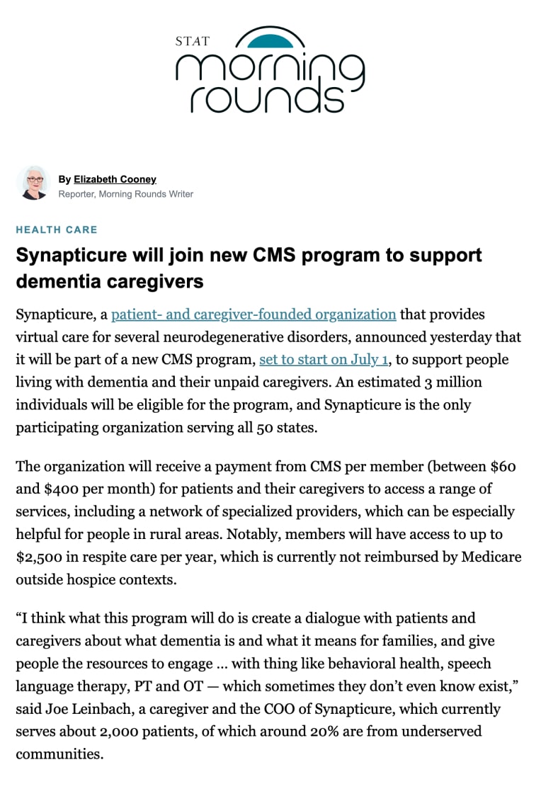 .@synapticure is proud to announce we have been selected as an Established Participant in @CMSGov's GUIDE program, serving families living with dementia as part of GUIDE starting July 1st in all 50 states. Learn more: synapticure.com/for-partners/c…