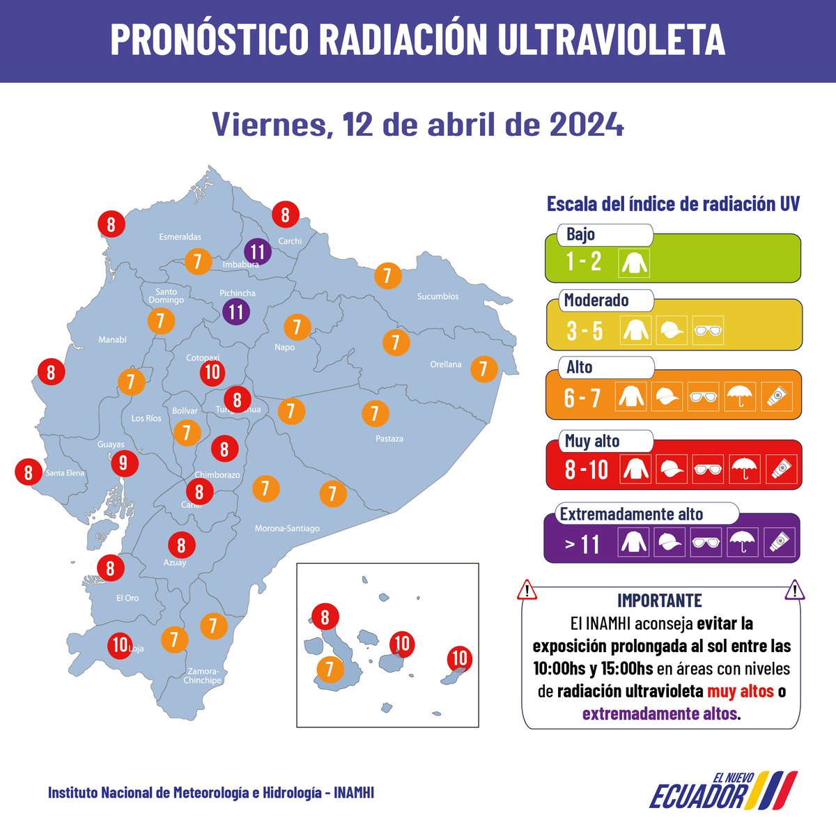 #RadiacionMaximaUVEC l Viernes 12 de abril de 2024: Se prevé índices de radiación #UV entre Alto y Extremadamente Alto.