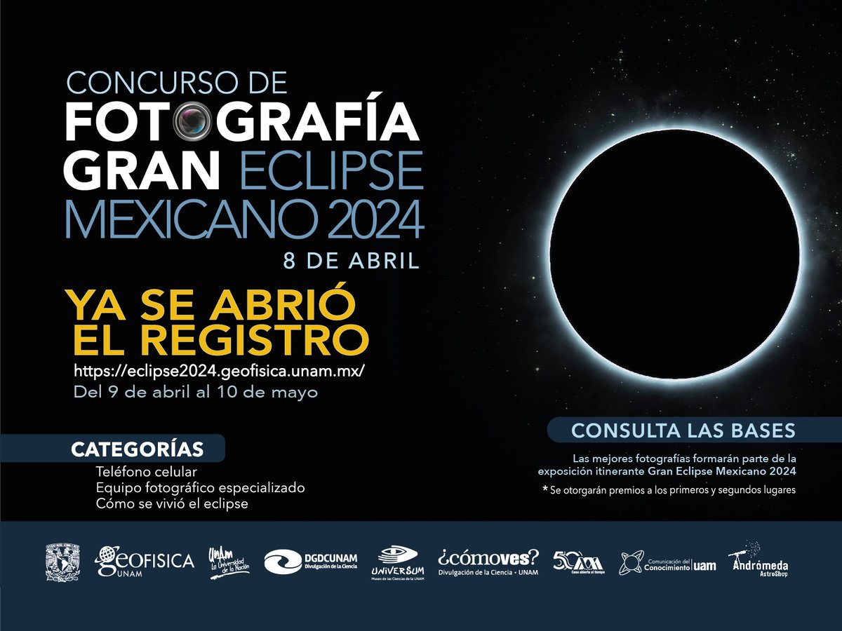 Seguramente disfrutaste del eclipse del 8 de abril. Si tomaste fotos, regístralas en el Concurso de Fotografía #GranEclipseMexicano2024. Hay diferentes categorías y premios para los primeros lugares. Consulta las bases en: eclipse2024.geofisica.unam.mx