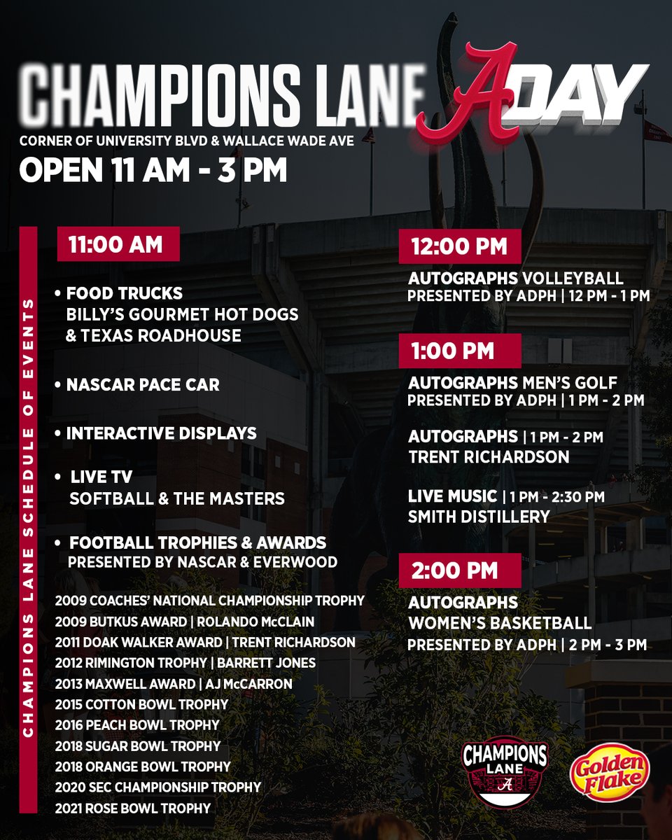 Don't miss Champions Lane at A-Day on Saturday! - Free admission | 11 a.m. - 3 p.m. - Photos with @AlabamaFTBL trophies - Trent Richardson - NASCAR pace car - Team autographs, food, live music #RollTide #BamaGameday