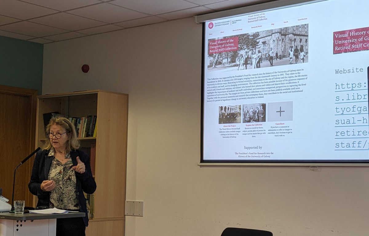 CatrionaCannon's tweet photo. Great turn out of staff past and present at today's launch of the Visual History of the @uniofgalway Retired Staff Collection today.  @cillianjoy @ChionnaUi @lisamgriffith @UniOfGalwayLib https://t.co/UlTTm2A0bT https://t.co/d1lNQDWgx2