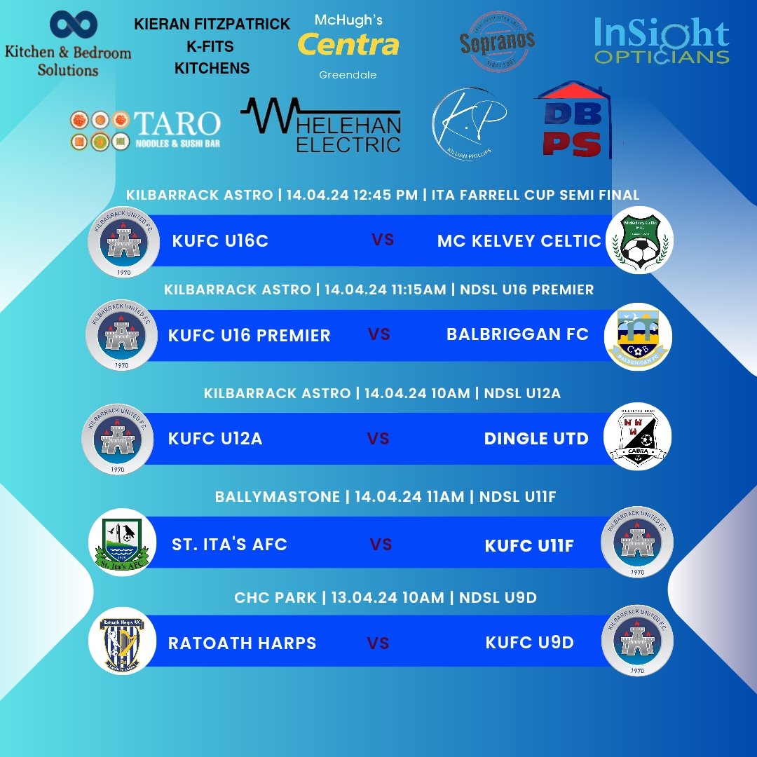 Junior fixtures for this weekend ⚽️🔥 A special mention to our u16C side who face Mc Kelvey Celtic on Sunday in the Semi Final of the Ita Farrell Cup 🏆 Goodluck all 💙
