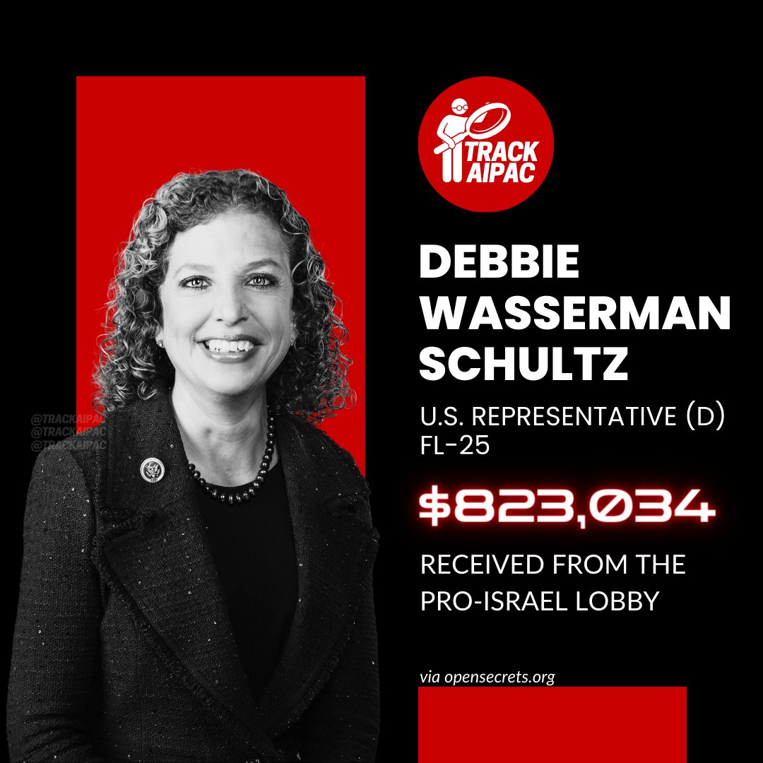 @AIPAC @RepDWStweets AIPAC Rep. Debbie Wasserman Schultz has received >$800,000 from the pro-Israel lobby. Now she parrots their talking points. #RejectAIPAC #FL25