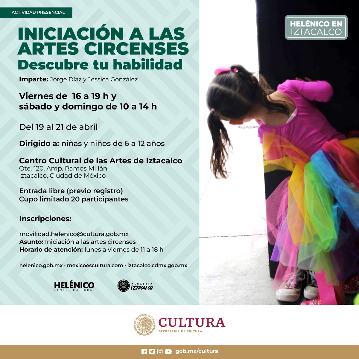 ¡Descubre el potencial de tus hijxs con el taller de iniciación a las artes circenses! Malabares, acrobacias, zancos y mástil chino les ayudarán a desarrollar sus habilidades y destrezas. 📆19 al 21 de abril 📩movilidad.helenico@cultura.gob.mx Detalles: bit.ly/3TSlDEL