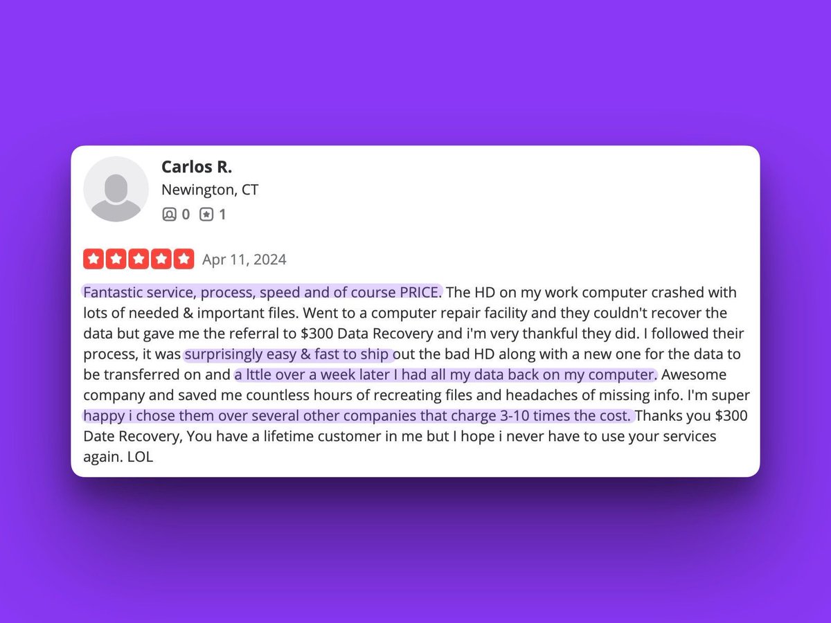 🎉 Wow! What an amazing review from Carlos! 🙌 We're thrilled to have helped him recover important files at an affordable price. 💻📂 #300DDR #DataRecovery #HappyCustomer 😊
 buff.ly/3PZWJR1