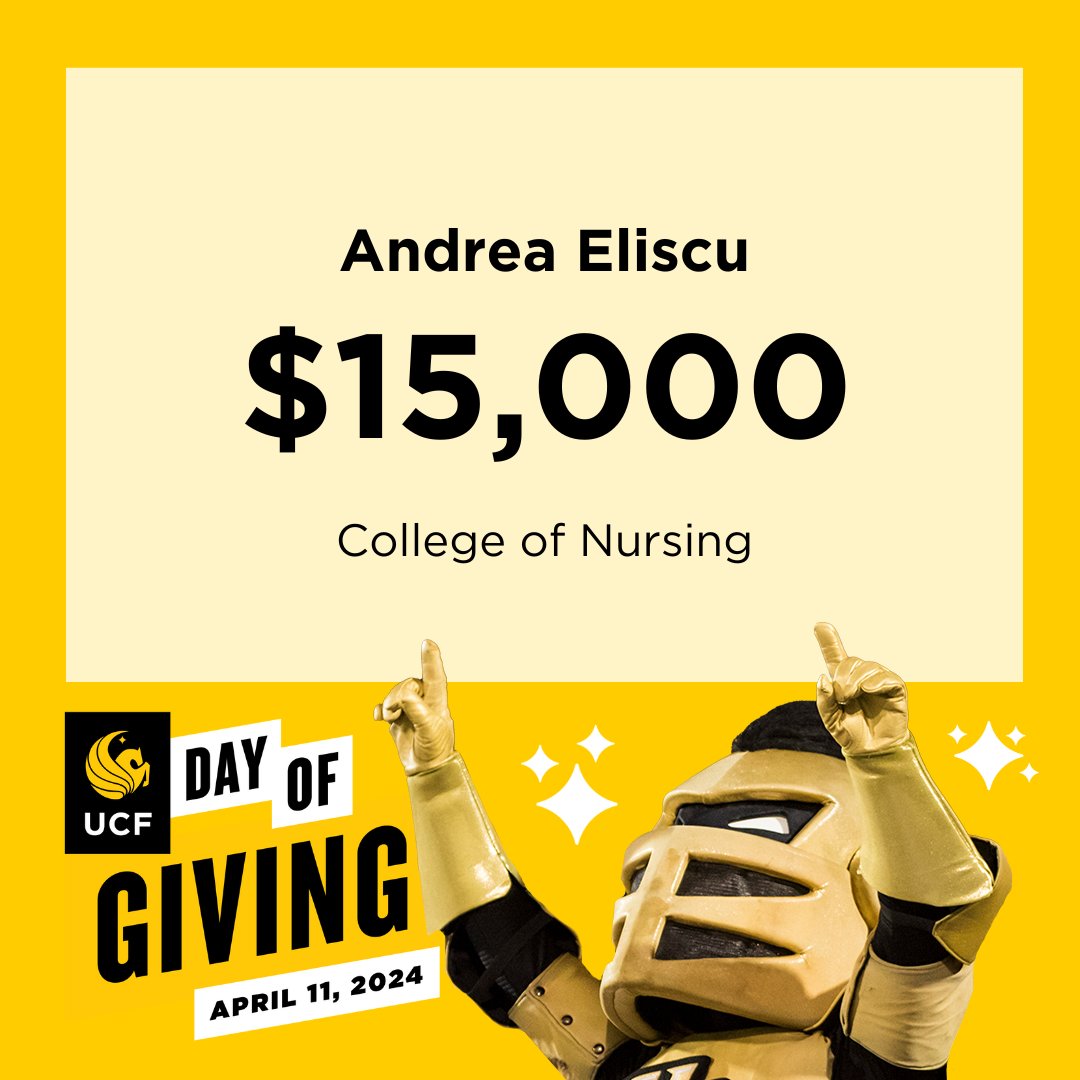 Thank you Andrea Eliscu for your continued support of #UCFNursing and this generous gift to unleash potential in #KnightNurses for generations to come. 💛 #UCFDayofGiving