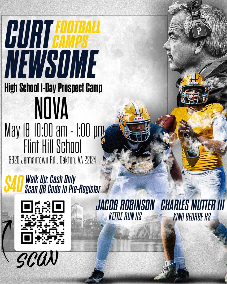 🚨We are headed to NOVA🚨 Grades 9-12 register early to confirm Your Spot🔥 📅: May 18th 🏟️: Flint Hill School 🔗: Scan the QR Code or hit register.ryzer.com/camp.cfm?ID=27… #CNFC #ProspectCamp