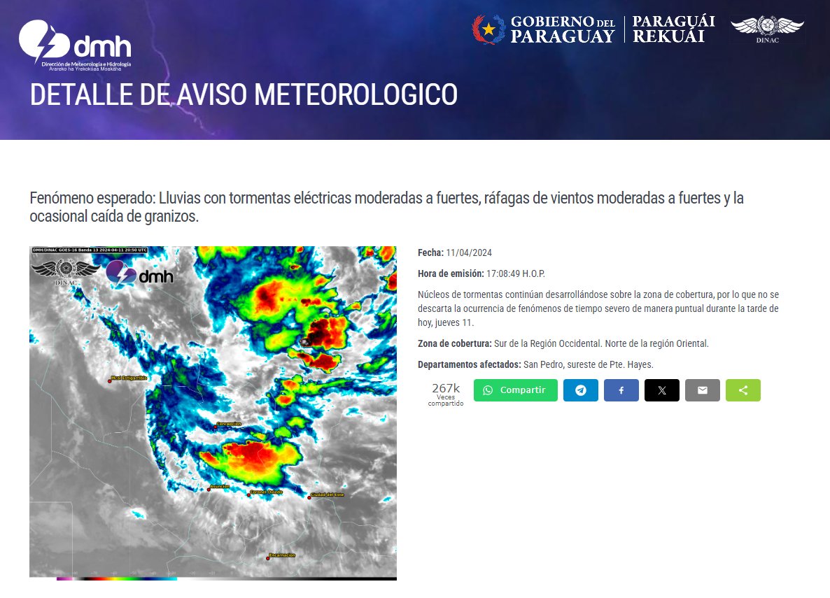 Aviso Meteorológico N° 554/2024 Emitido.
Enlace: meteorologia.gov.py/avisos/
Fecha: 11/04/2024
Hora: 17:08 h.