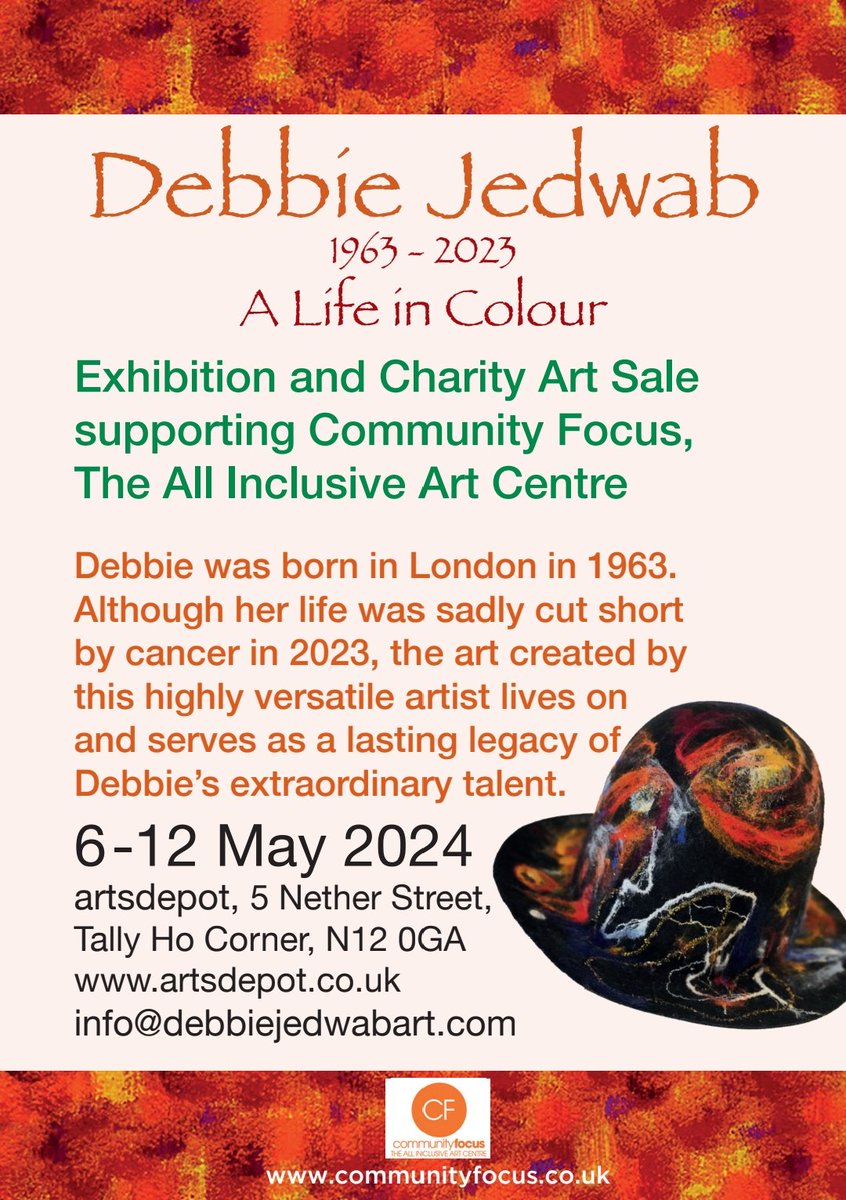 Inspired by Debbie, who was an artist, lecturer, painter, ceramicist, textile, and product designer. Proceeds of all art sold will be in support of <a href="/_communityfocus/">Community Focus Inclusive Arts</a>, a charity that runs art and wellbeing activities for adults and children with disabilities. Please come!