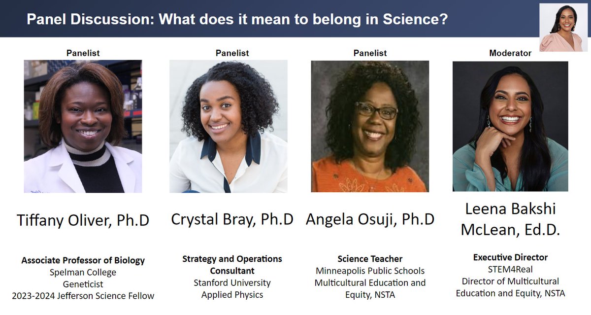 I'm so honored to be moderating this awesome panel of Black girl magic! We are live this Saturday, April 13! my.nsta.org/event/beyond-r… Thank you @NSTA for hosting the Social Justice in Science Webinar Series! #NGSSChat #EdEquity