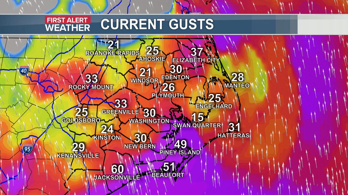 50-60 mph wind gusts along the Crystal Coast! Power outages possible. #ncwx