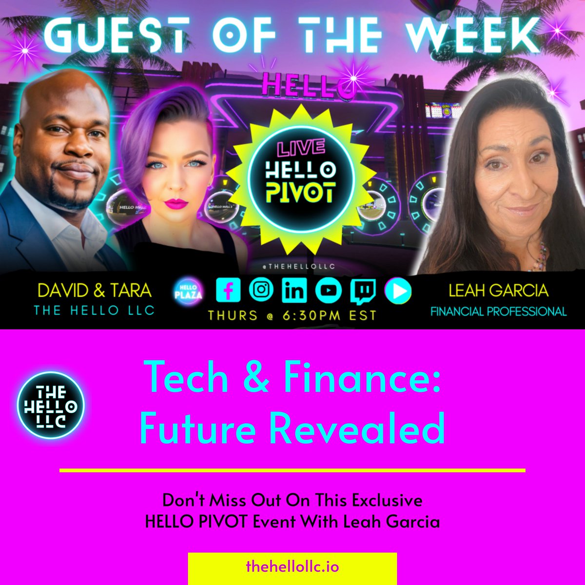 🚀 Join us for a discussion on how technology is revolutionizing finance with Leah Garcia! Explore trends shaping the future of financial services. Don't miss out on April 11th at 6:30 PM EST. #FinanceInnovation #THEHELLOPLAZA