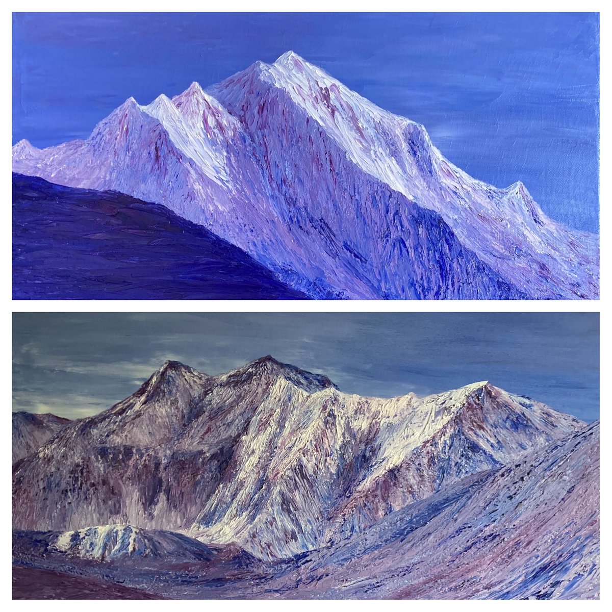 Rakaposhi and Nanga Parbat. I’m up against it with writing deadlines at the moment. No time to paint but I really want to start another similar to these in style. Soon!