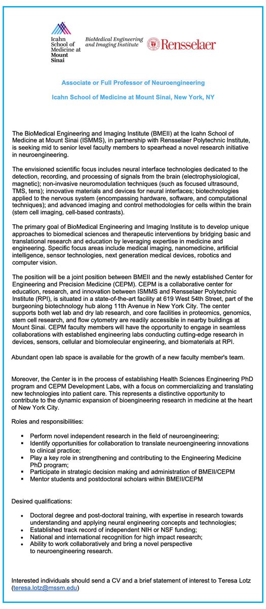 HIRING! @BMEIIsinai @IcahnMountSinai, in partnership w/ @rpi, is seeking mid to senior level faculty members to spearhead a novel research initiative in neuroengineering. Interested individuals should send a CV & brief statement of interest to Teresa Lotz👉 (teresa.lotz@mssm.edu)