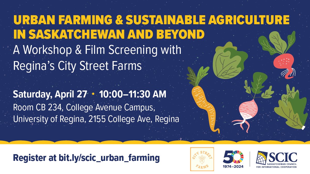 As we enter the full bloom of spring, come join us for an impactful youth workshop and film screening on urban farming and sustainable agriculture in Saskatchewan and beyond. 📺 Reserve your spot now! 📲 eventbrite.ca/e/urban-farmin… #saskcic #UrbanFarming #SustainableAgriculture