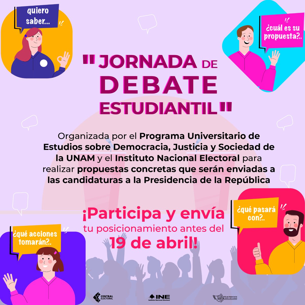 🙋🏼‍♂️🙋🏻‍♀️Si eres estudiante de licenciatura en la @UNAM_MX, participa en la 'Jornada de Debate Estudiantil' para conocer las propuestas de las y los universitarios, que serán enviadas a las candidaturas a la Presidencia. ¡Tienes hasta el 19 de abril! ▶️ tinyurl.com/47nhcs6s