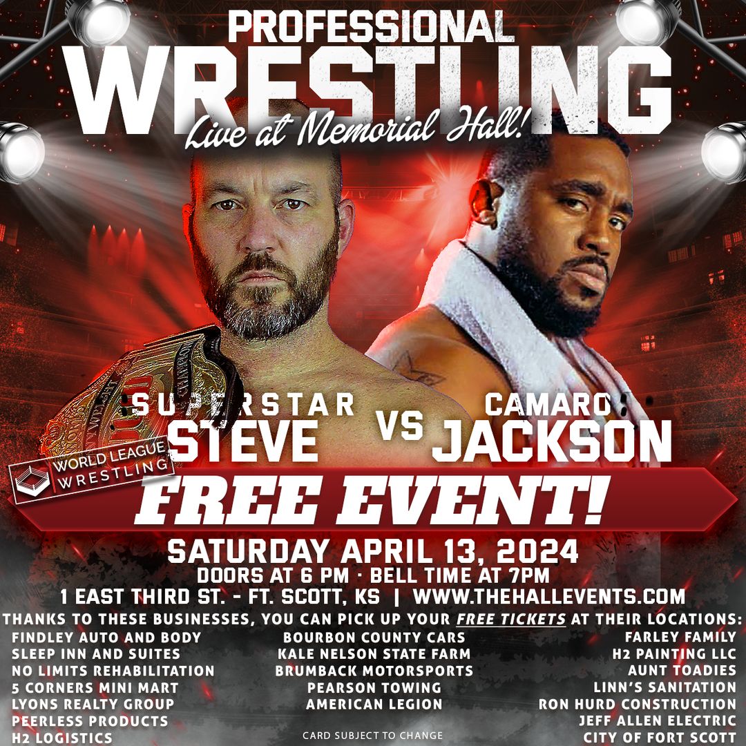 There's a HUGE match scheduled for this Saturday and it is for the WLW Heavyweight Championship at World League Wrestling returns to Ft. Scott at Memorial Hall! @HEELCamaro will challenge Superstar Steve for the biggest prize in our company at Memorial Hall this Saturday Night!…