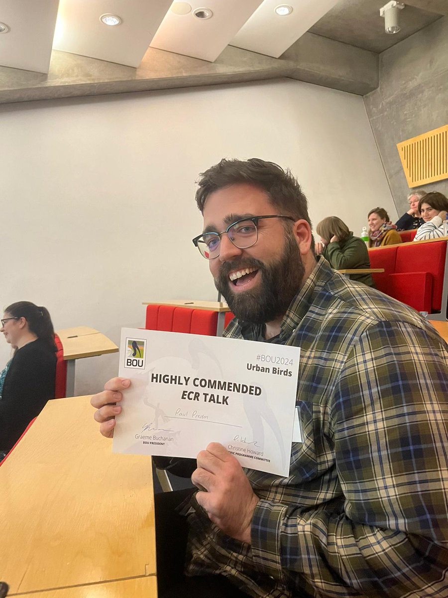 Had a great time at #BOU2024 learning all about the amazing research happening on urban birds.  A big thanks to the @IBIS_journal organizing committee for putting on an excellent conference! I'm honoured to receive this certificate for my talk! Glad it was enjoyed!