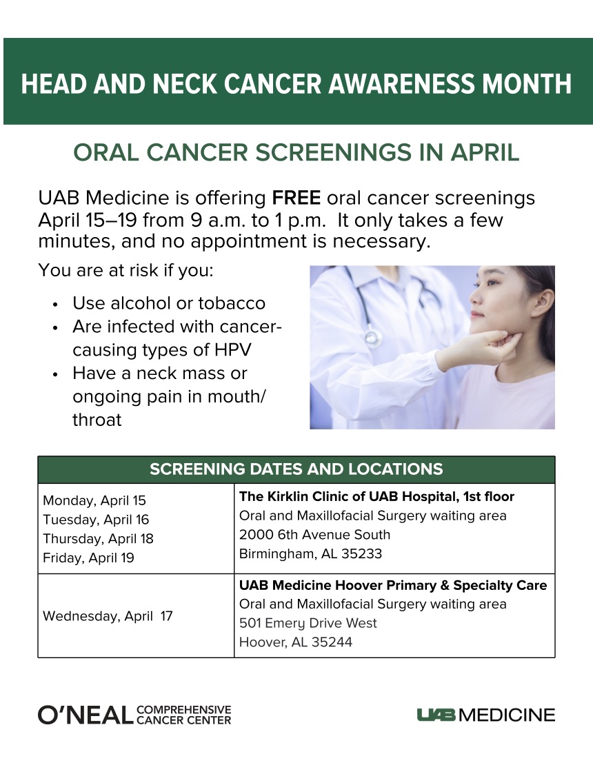 Don't miss out on the opportunity to receive a free #OralCancer screening from UAB Medicine! 🩺 The screenings will be available from 9 a.m. to 1 p.m. on April 15-19 at The Kirklin Clinic and April 17 at UAB Medicine Hoover Primary & Specialty Care. @OnealCancerUAB