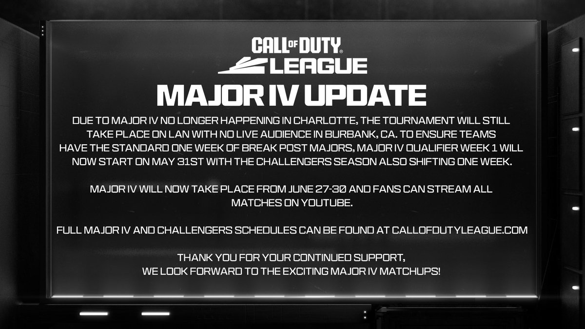 Activision says that the Call of Duty League’s 4th Major of the season will no longer be held in Charlotte, North Carolina. Instead, the fourth Major will be held in Burbank, CA with no live audience.