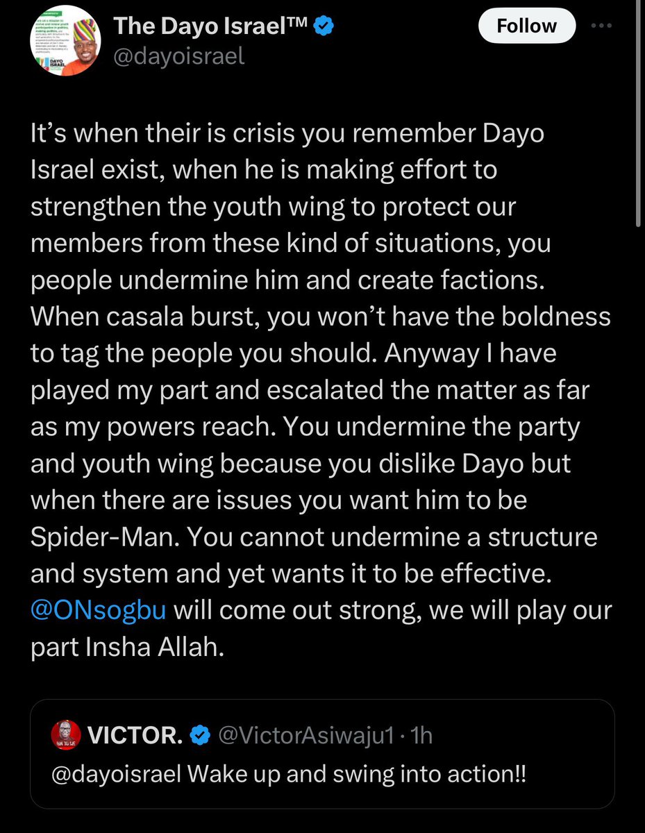 Please, dear progressives, you people should not allow this Pastor Okezie issue to bring problems to our youth wing. The youth wing is already divided with multiple factions and allowing this issue to escalate, would create more division. Let's try and control our emotions.