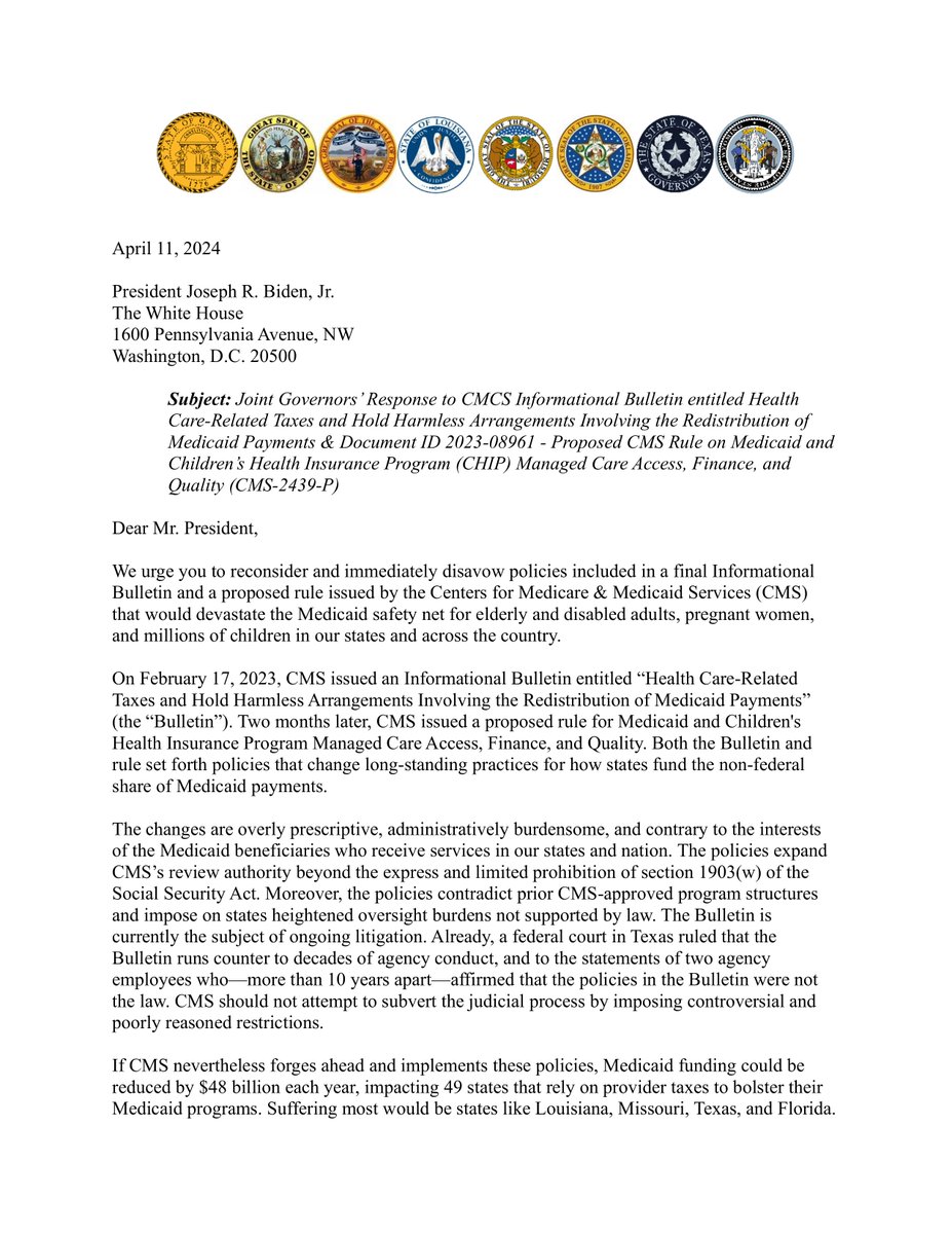 GregAbbott_TX's tweet photo. Sent a letter today with my fellow Governors to Pres. Biden urging him to abandon his new Medicaid policies.

His policies will strip MILLIONS of Americans from access to crucial healthcare.

Texas will continue to protect our Medicaid safety net for our most vulnerable citizens. https://t.co/8rr49tb5jA