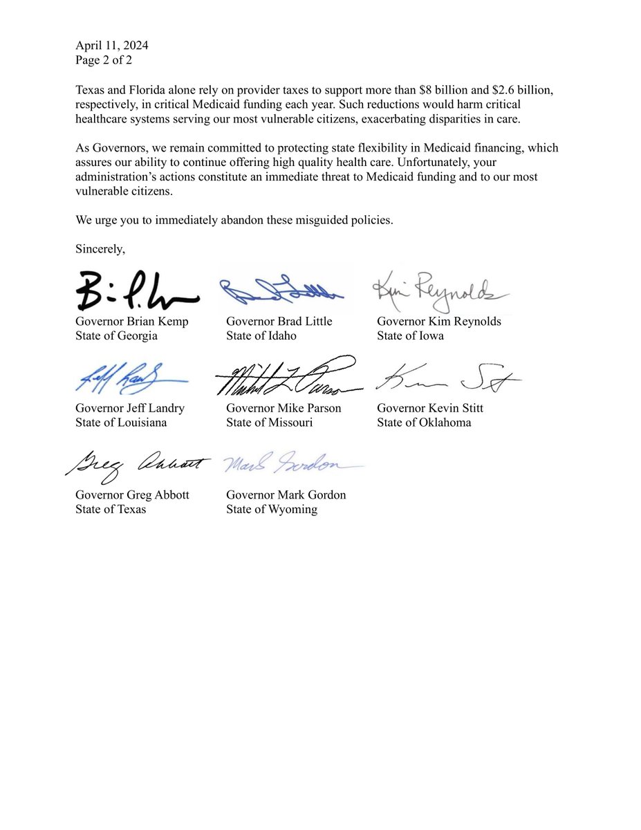 Sent a letter today with my fellow Governors to Pres. Biden urging him to abandon his new Medicaid policies.

His policies will strip MILLIONS of Americans from access to crucial healthcare.

Texas will continue to protect our Medicaid safety net for our most vulnerable citizens.