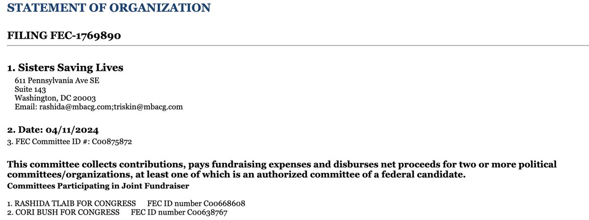 MO-1 NEWS: Seems that Reps. Tlaib and Bush formed a joint fundraising committee dubbed 'Sisters Saving Lives.' Bush is running for reelection in Missouri’s 1st Congressional District against primary challenger, prosecutor Wesley Bell