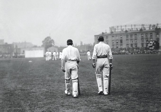 A lovely George Beldam picture of England's opening pair AC MacLaren (left) and Lionel Palairet walking out to bat, England v Australia, 5th Test, The Oval, August 11th 1902. The match went into folklore as 'Jessop's match'