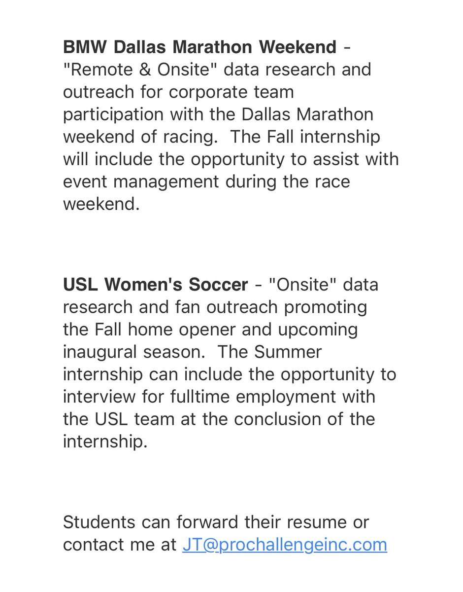 SPMTInternInfo's tweet image. 2024 Summer or Fall sports marketing internships available - Dallas, TX. Any questions email- JT@prochallengeinc.com.
