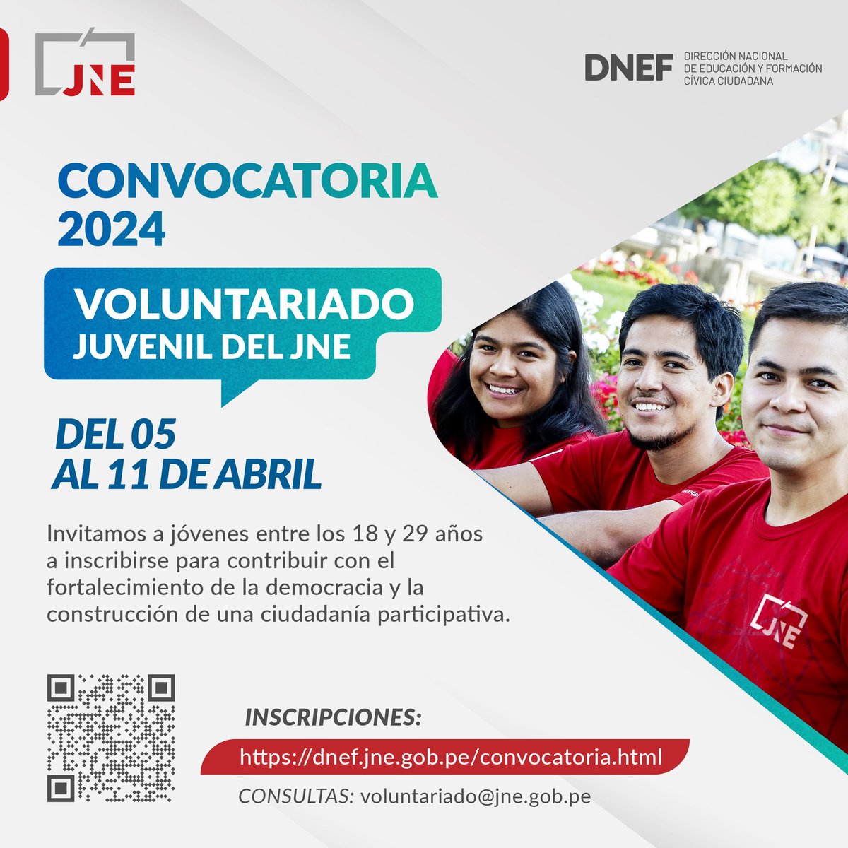 El JNE convoca a los jóvenes, entre 18 y 29 años, a inscribirse en el Voluntariado del organismo electoral. Inscripciones aquí 👉 dnef.jne.gob.pe/convocatoria.h… Tienes hasta hoy, 11 de abril. Las vacantes son limitadas. Consultas al correo electrónico 📧voluntariado@jne.gob.pe