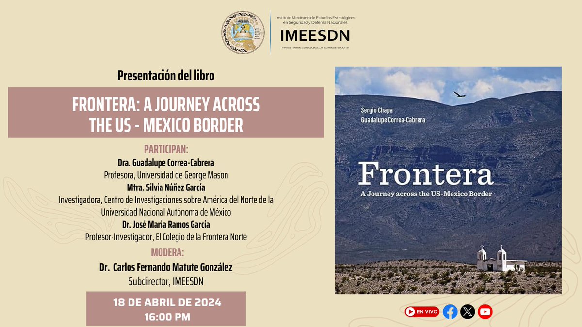 El @IMEESDN invita a la presentación del libro 'A Journey Across the US-Mexico Border' 🇲🇽🇺🇸 Participan: -@GCorreaCabrera -Silvia Núñez García -@ramos468 Modera: Carlos Fernando Matute González . 📅18 de abril ⏰16:00 pm