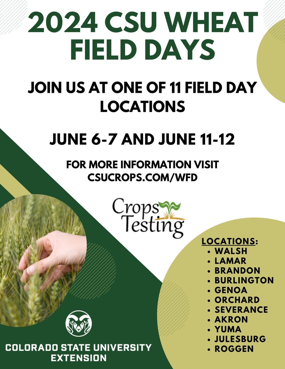 coloradowheat's tweet photo. Mark your calendars! Colorado Wheat Field Days are set to take place June 6th-7th and June 11th-12th. For a detailed schedule, visit https://t.co/Q0qfycMYKP https://t.co/iXjDEzKK3Y