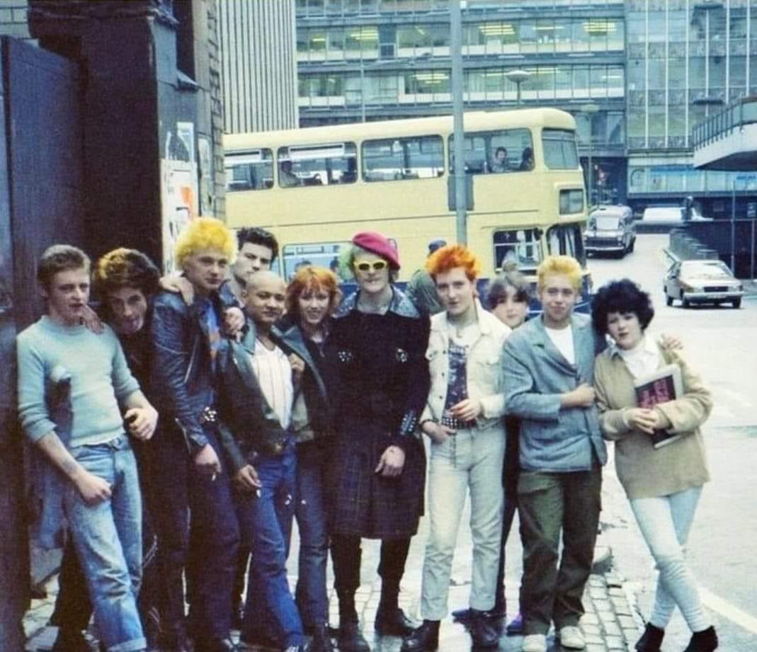 Punks congregated outside The Crown Pub on Station Street, Birmingham, in the late 70s.