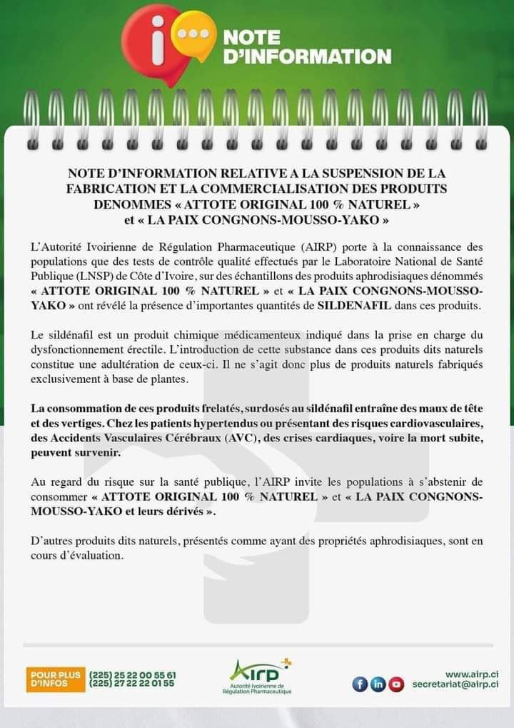 🚨 Il est interdit de vendre, fabriquer ou commercialiser les produits ATTOTE en Côte-d’Ivoire. Sénégal war nassi dieul exemple