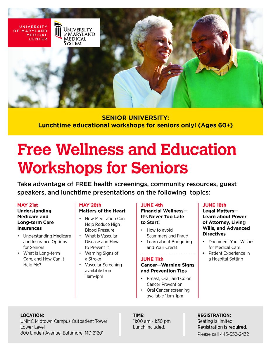 Seniors, join us for Free Wellness and Education Workshops! Take advantage of the Community Health Education Center’s free health screenings, community resources, guest speakers, and lunchtime presentations. Seating is limited, Registration is required by calling 443-552-2432.