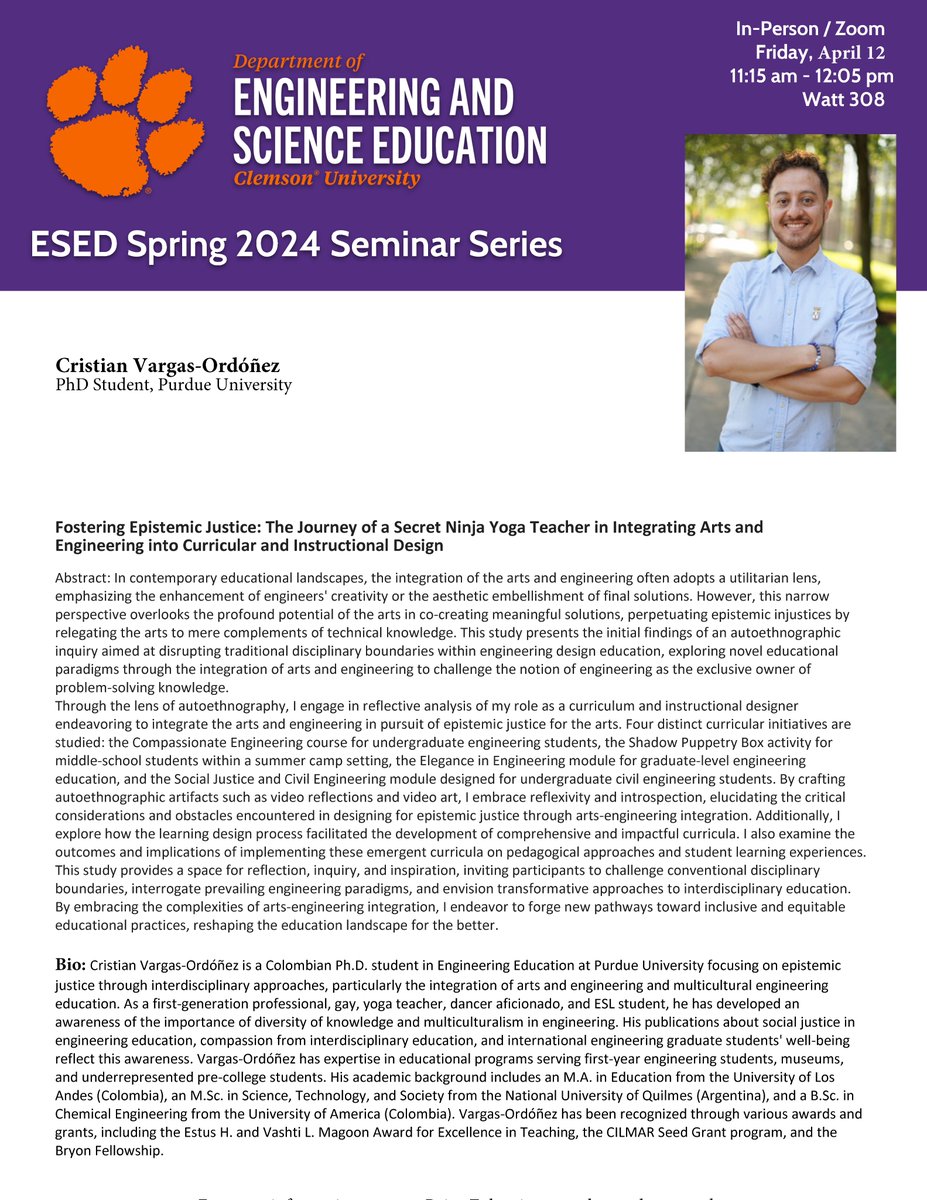 Join us tomorrow, Friday, April 12th, at 11:15am ET for our seminar with Purdue University seminar exchange student Cristian Vargas-Ordóñez! Contact Paige at pzoltew@clemson.edu for details.

linkedin.com/posts/clemson-…