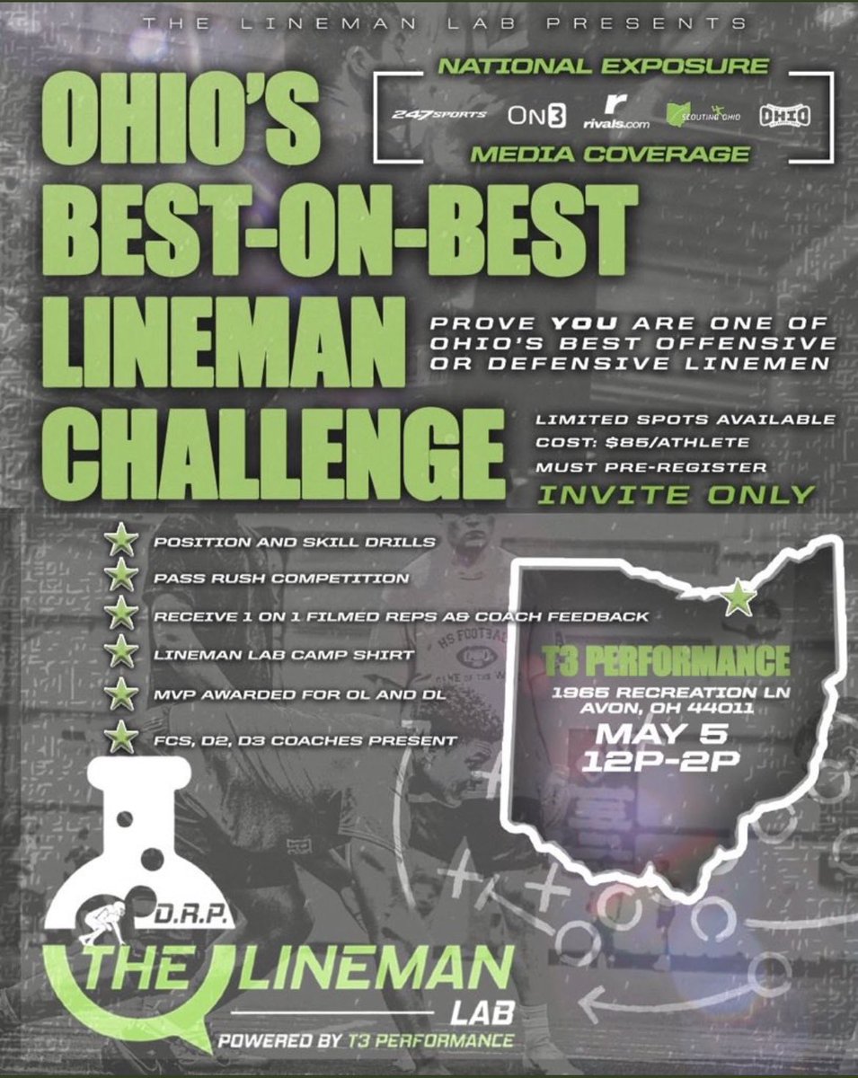 Super grateful to receive an invite to the best-on-best lineman showcase! Excited to display my hard work against the best and toughest players in Ohio! @CoachChad_T3 @DaleRodick @football_t3