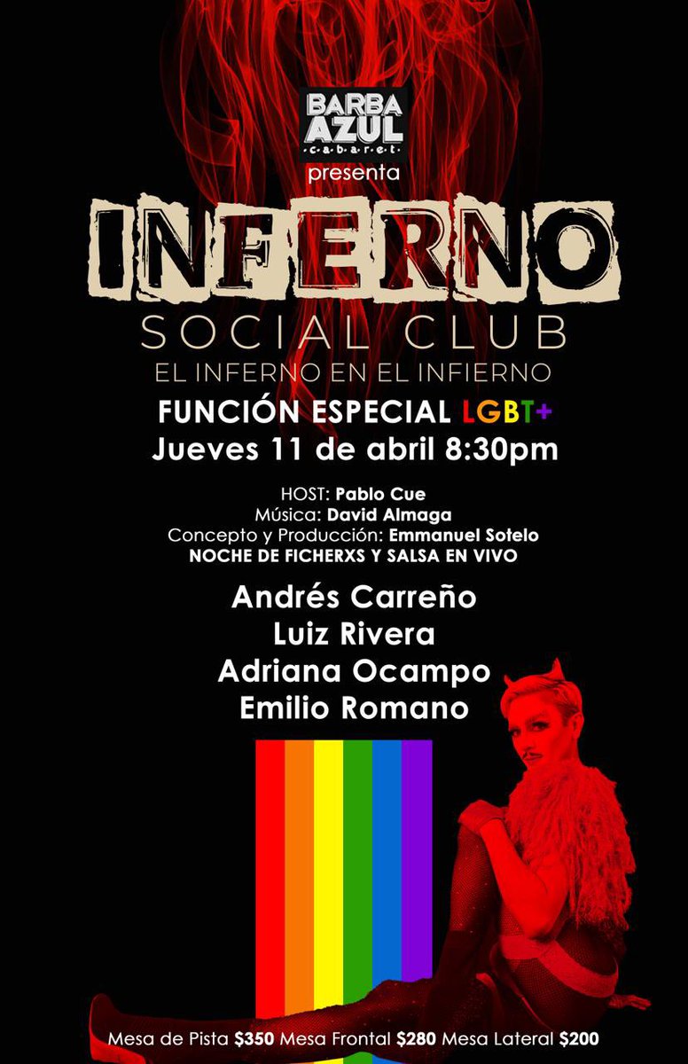 Tenemos 5 PASES DOBLES! “Inferno Social Club” HOY 20:30 en Cabaret Barba Azul. Dinos tu nombre y por qué irás al infierno y listo!