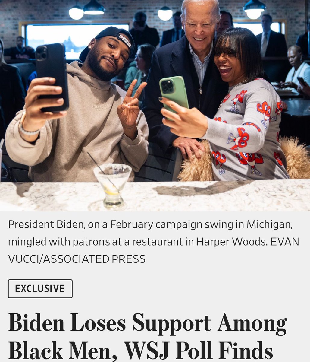 Stunning article from WSJ! According to their polling in 7 battleground States, 30% of black men and 11% of black women, intend to vote for Trump in 2024. In 2020, Trump won 12% of the black male vote, and 6% of the black female vote. These are CATASTROPHIC numbers for Biden.