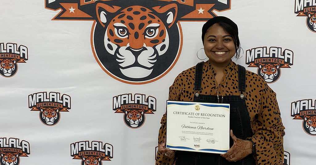 Kudos to Fathima Noordeen! She won Rookie Teacher of the Year from @MYE_Leopards in @FortBendISD. Noordeen earned a B.S. in teaching and learning in 2022. “I have always enjoyed helping others, and just seeing the ‘ah-ha’ moment on my students’ faces is so rewarding.”