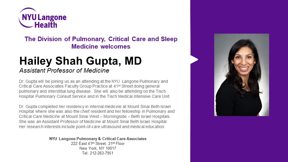 We are thrilled to welcome Dr. Hailey Shah Gupta, who joined our pulmonary and critical care teams @nyulangone this month! #PCCM #pulmonary #Criticalcare #Meded #Lung