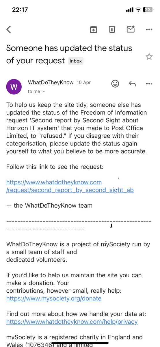 Anyone know why I have just received a message regarding an FOI request I made in 2015, about change of status?#PostOfficeScandal it was for the Second Sight report