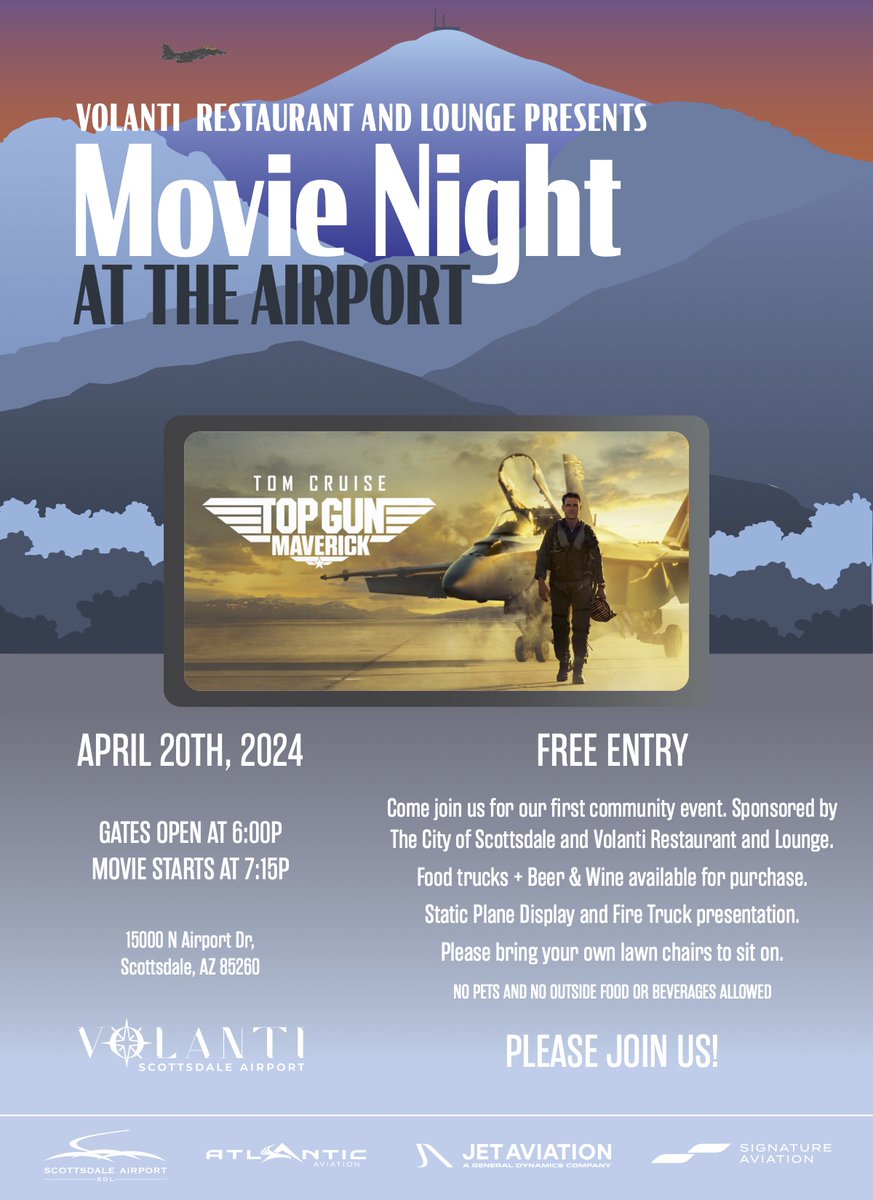 Speaking of connections between aviation and movies in Scottsdale... ✈️📽️🌌 Join us April 20 for our first ever movie under the stars at Scottsdale Airport! Get ready for the ultimate in-flight entertainment on the ground at this free event. 🍿 Learn more: ScottsdaleAZ.gov/news/scottsdal…